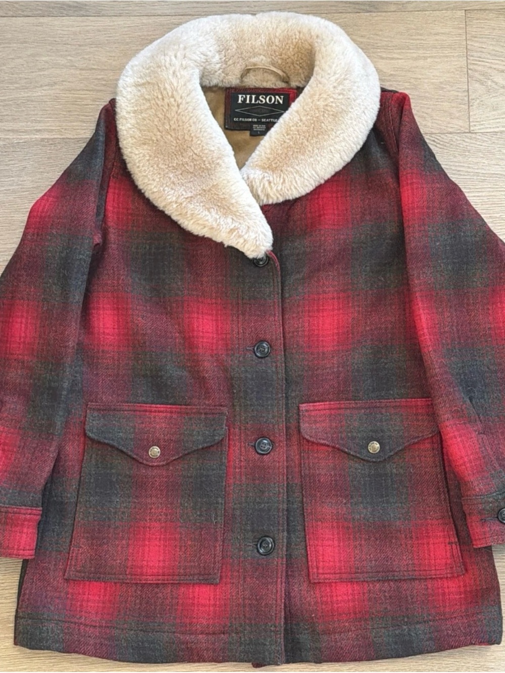 Filson Red and Dark Green Plaid Wool Pea Coat with Cream Sherpa Collar